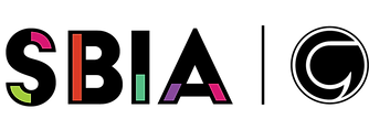 The image is a logo for "SBIA". It features a stylized word "SBIA" with coloured accents on each letter in green, pink, orange and purple. To the right is a black vertival dividing bar, and then a monochrome version of the Cyngor Gwynedd logo, which is a stylised white "G" inside a black circle.