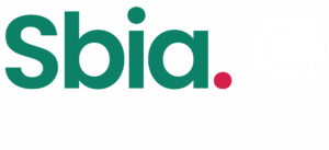 The image is a logo for "SBIA". It features a stylized word "SBIA" with coloured accents on each letter in green, pink, orange and purple. To the right is a black vertival dividing bar, and then a monochrome version of the Cyngor Gwynedd logo, which is a stylised white "G" inside a black circle.